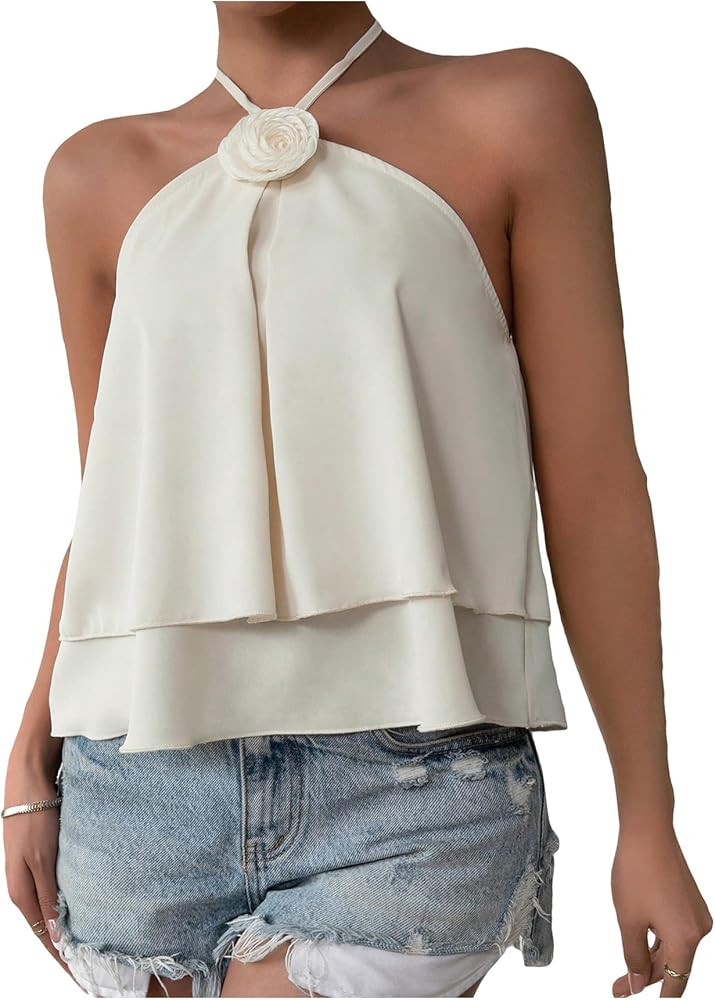 Milumia Women's 3D Floral Tie Knot Halter Top Sleeveless Layered Ruffle Hem Cami Tops | Amazon (US)