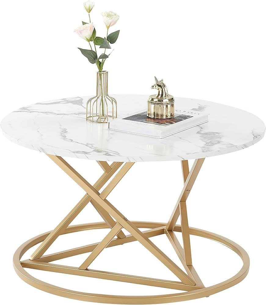 Side Table Modern Living Room Table Marble Coffee Table Marble Top Round Coffee Table White and G... | Amazon (DE)