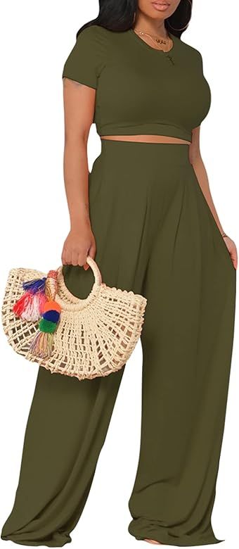 Casual Summer 2 Piece Outfits for Women Short Sleeve Crop Top High Waist Wide Leg Pants Sets | Amazon (US)