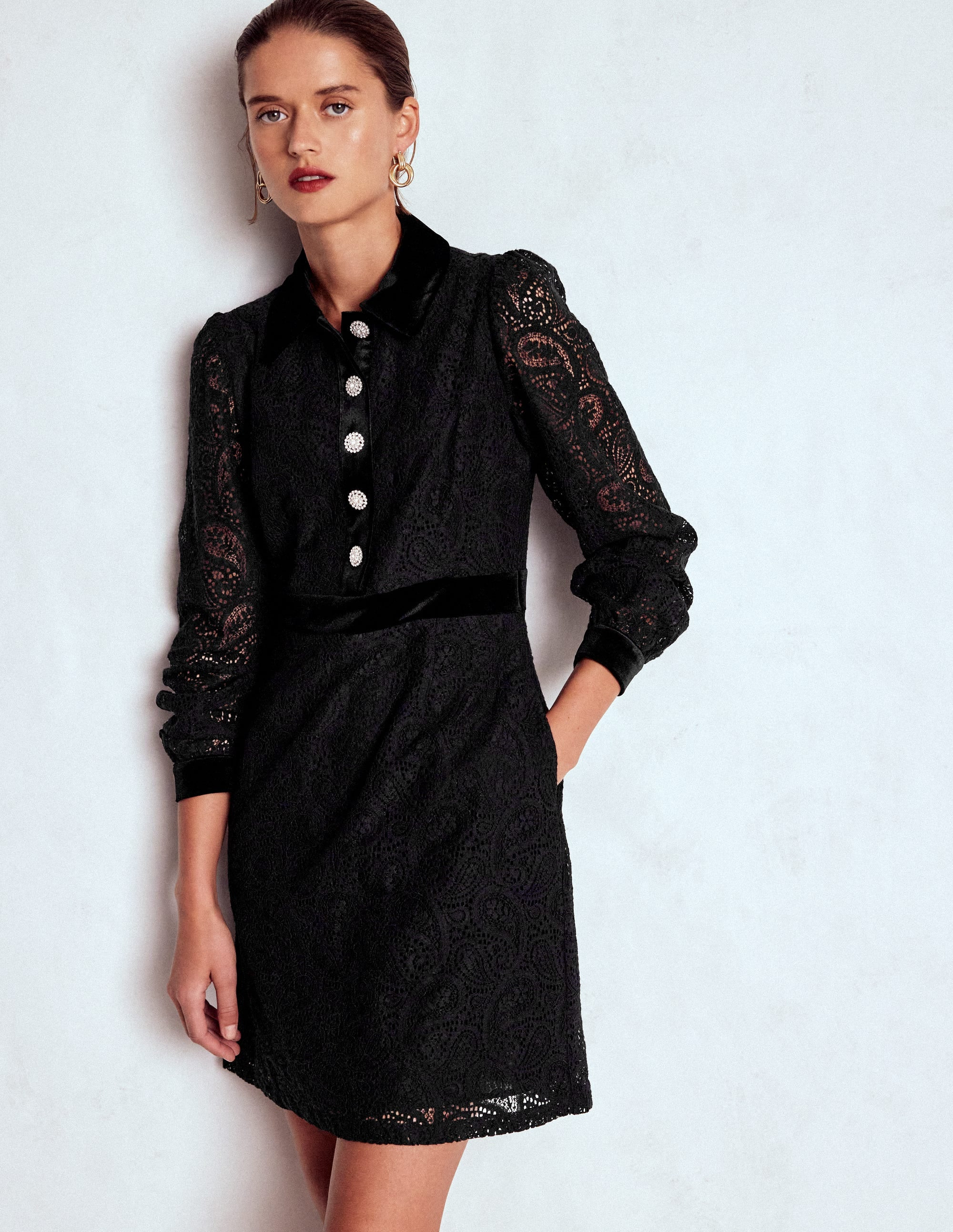 Collar Button Lace Dress-Black | Boden (US)