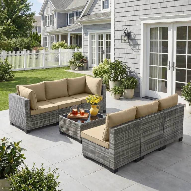 Ebello 7-Piece Modular Conversation Set, Outdoor Patio Sectional Sofa with Glass Coffee Table, Ra... | Walmart (US)
