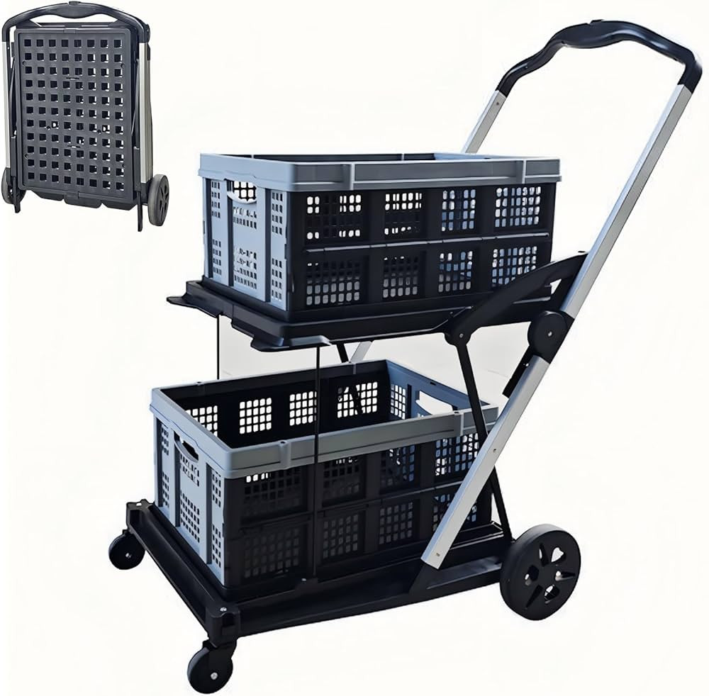 Collapsible Shopping Cart with Wheels,2 Tier Multi Use Folding Shopping Cart with 2 Storage Crate... | Amazon (US)