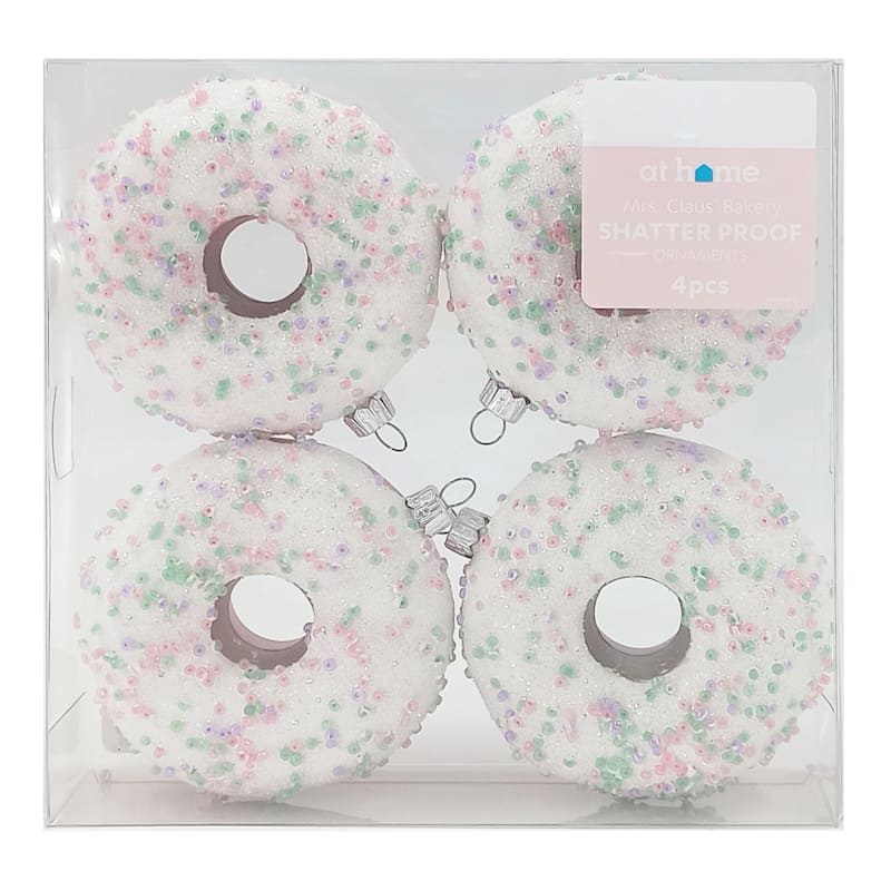 Mrs. Claus' Bakery 4-Count Pink & White Donut Shatterproof Ornaments, 3.2" | At Home