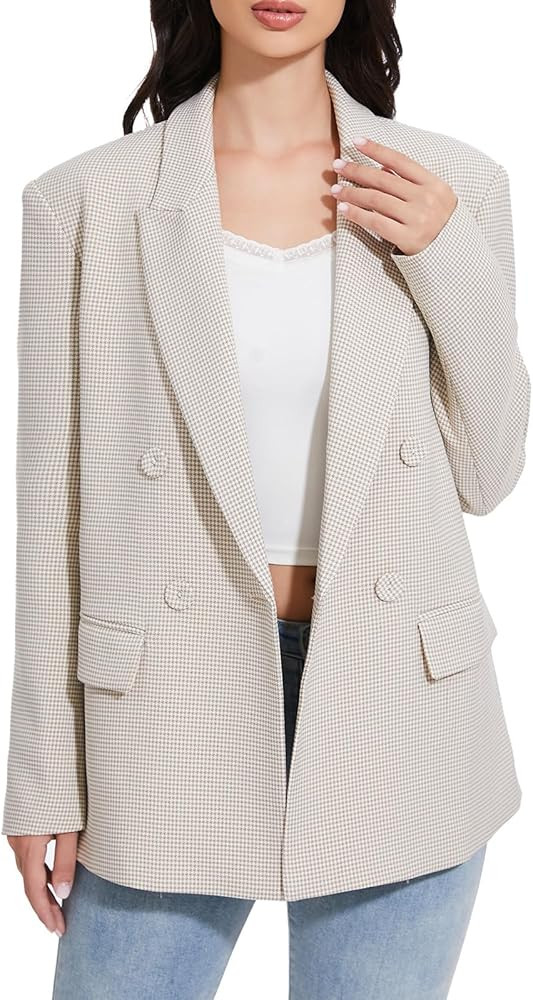Women's Blazer Oversized Boyfriend Double Breasted Houndstooth Plaid Jacket - Lightweight Busines... | Amazon (US)