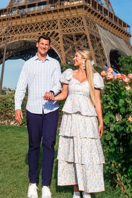 Beautiful floral tiered gown with sneakers and floral statement earrings for her and Mizzen and Main stretch pats and windowpane stretch dress top  

#LTKshoecrush #LTKstyletip #LTKmens