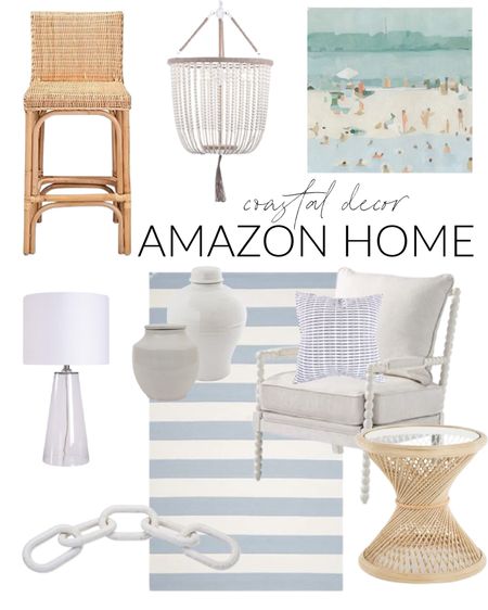 Some of my current coastal home décor favorites from Amazon!  Items include a rattan counter stool, a white spindle chair, a blue and white striped rug, a rattan side table, an abstract beach art and a cream beaded chandelier. Additional items include a wood chain, a small and large terracotta cachepot, a blue and white pillow and a glass tabletop lamp.

look for less home, designer inspired, beach house look, amazon haul, amazon must haves, area rug amazon, home decor, Amazon finds, Amazon home decor, simple decor, coastal home décor, bedroom nightstand, abstract wall art, art for home, canvas wall art, master bedroom rug, living room decor, bedroom inspiration, amazon chairs, neutral design, amazon rugs, accent dresser, bedroom area rug, dining room rug, simple decor, coastal decorating, coastal design, coastal inspiration #ltkfamily #ltkfind 

#LTKSeasonal #LTKstyletip #LTKunder50 #LTKunder100 #LTKhome #LTKsalealert #LTKSeasonal #LTKsalealert #LTKhome