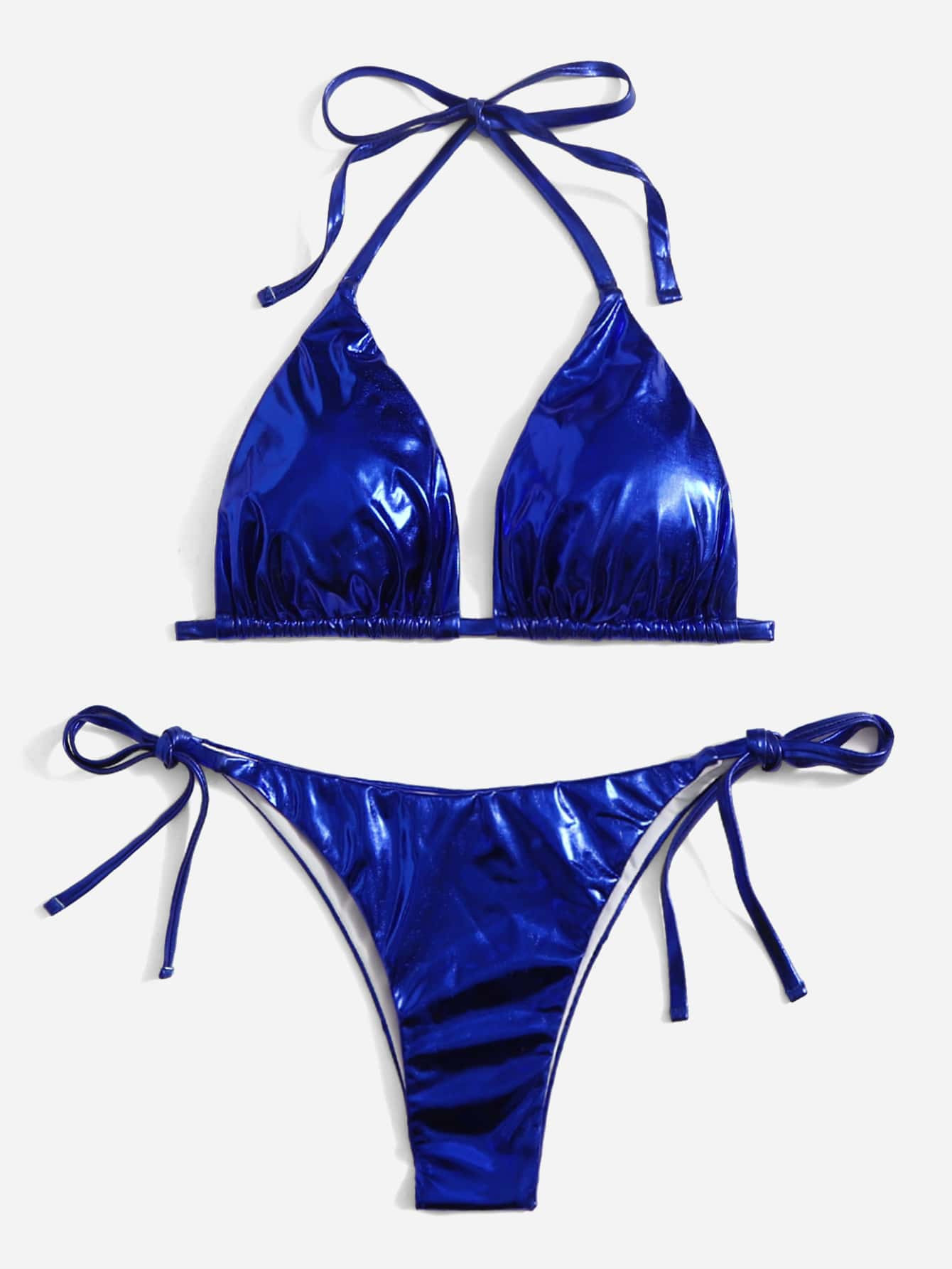 Metallic Halter Triangle Tie Side Bikini Swimsuit | SHEIN