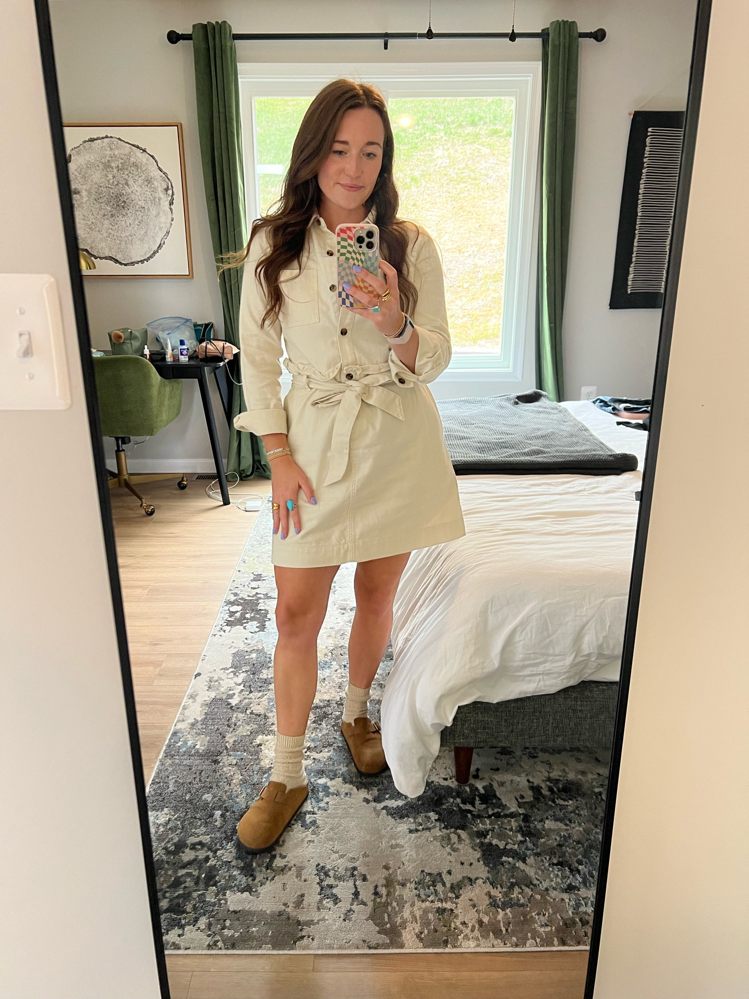 Wearing an old cream denim dress, cozy socks and the clogs I’m loving. Linking similar 