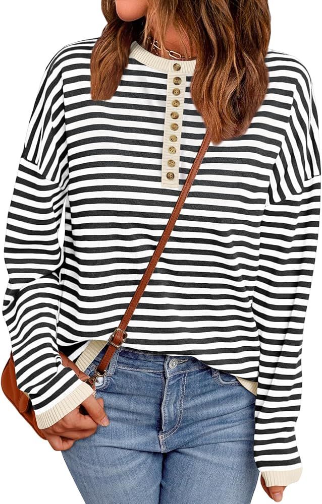 LILLUSORY Womens Striped Henley Sweater Long Sleeve Shirt Oversized Knit Trendy Pullover Top Fall... | Amazon (US)