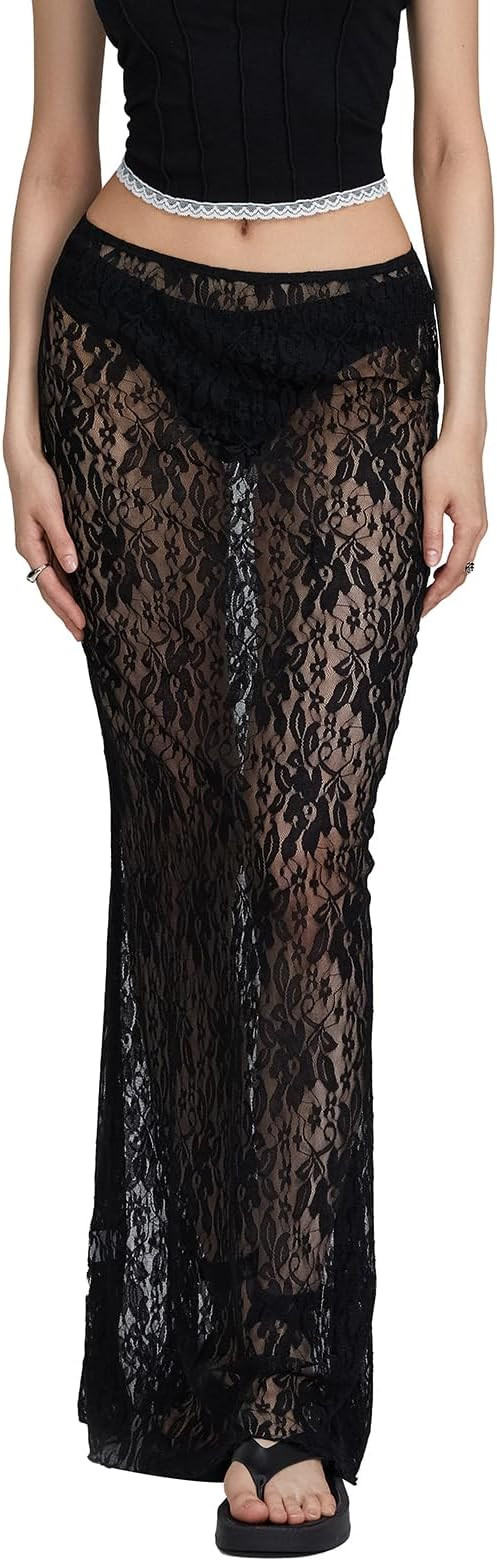 Women Lace Long Skirt Satin High Waist A-line Midi Skirt Y2K Summer Elegant Beach Party Maxi Skir... | Amazon (US)