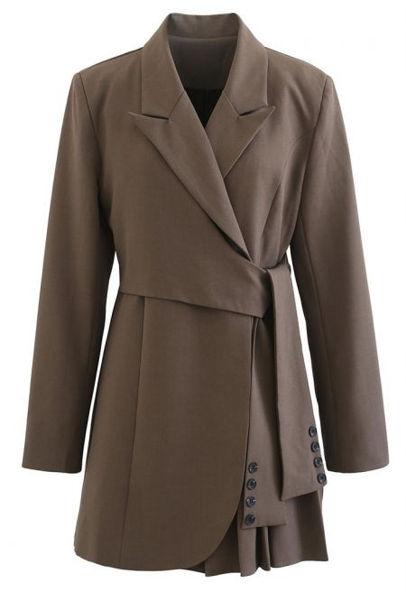 Tie Waist Pleated Pad Shoulder Blazer Dress in Brown | Chicwish