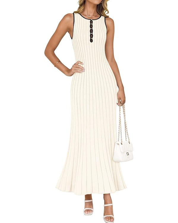 ZESICA Womens 2025 Summer Long Maxi Dress Sleeveless Crew Neck Hollow Out Pleated Ribbed Knit Swi... | Amazon (US)