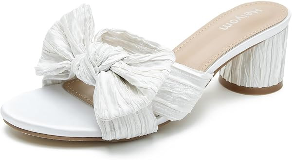 Heiyom Women's Bowknot Low Chunky Heels Mules Sandals Slip on Pleated Bow Heels Wedding Bridal Pa... | Amazon (US)