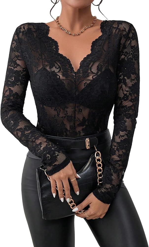 SOLY HUX Women's Plus Size Floral Lace Tops V Neck Long Sleeve Sheer Tee See Through T Shirt Goin... | Amazon (US)