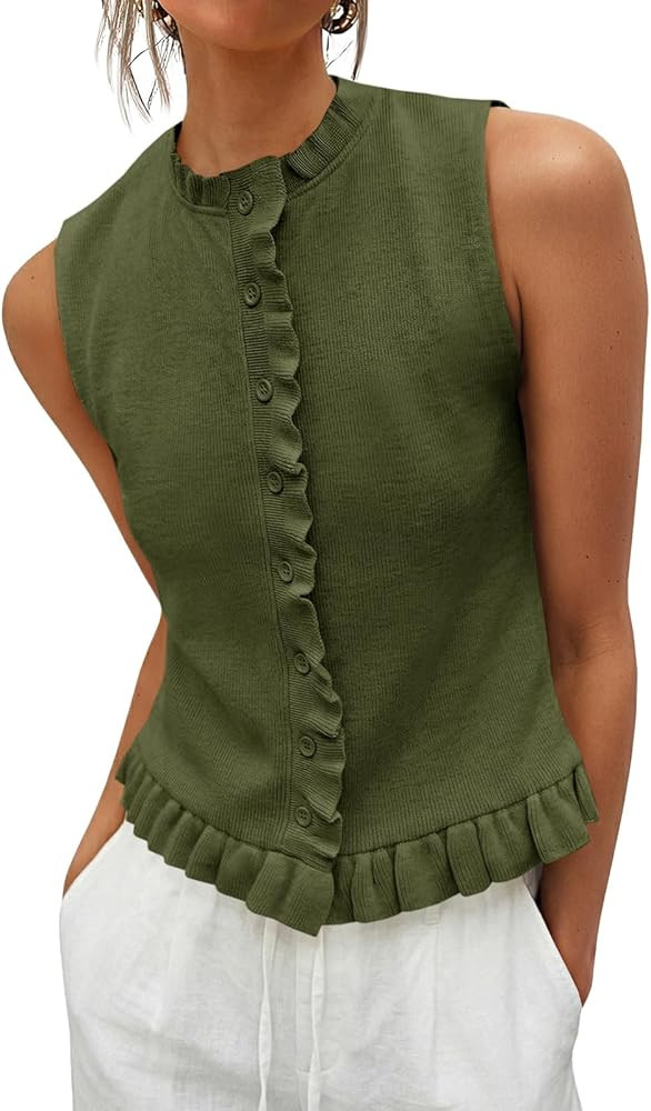 Saodimallsu Womens Sleeveless Sweater Vest Ruffle Button Down Knit Tank Top Summer Trendy Going O... | Amazon (US)
