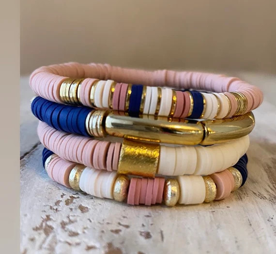 Set of 3 or 4 Heishi Bracelets/ Navy Heishi/pink Heishi/ Gold | Etsy | Etsy (US)