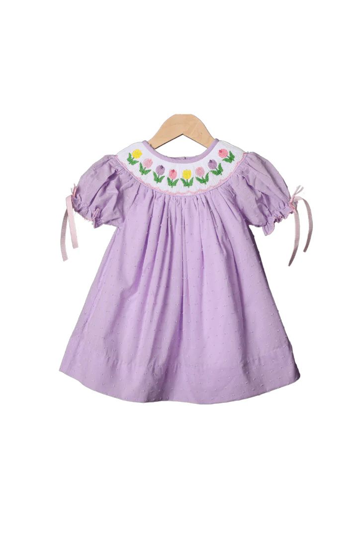 Smocked Tulips Lavender Swiss Dot Dress | The Smocked Flamingo