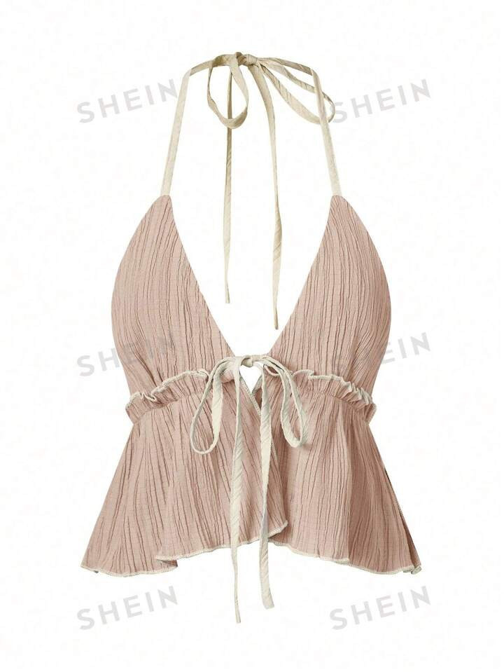 SHEIN Unity Tie Shoulder Mushroom Trimmed Crop Top With Strap | SHEIN