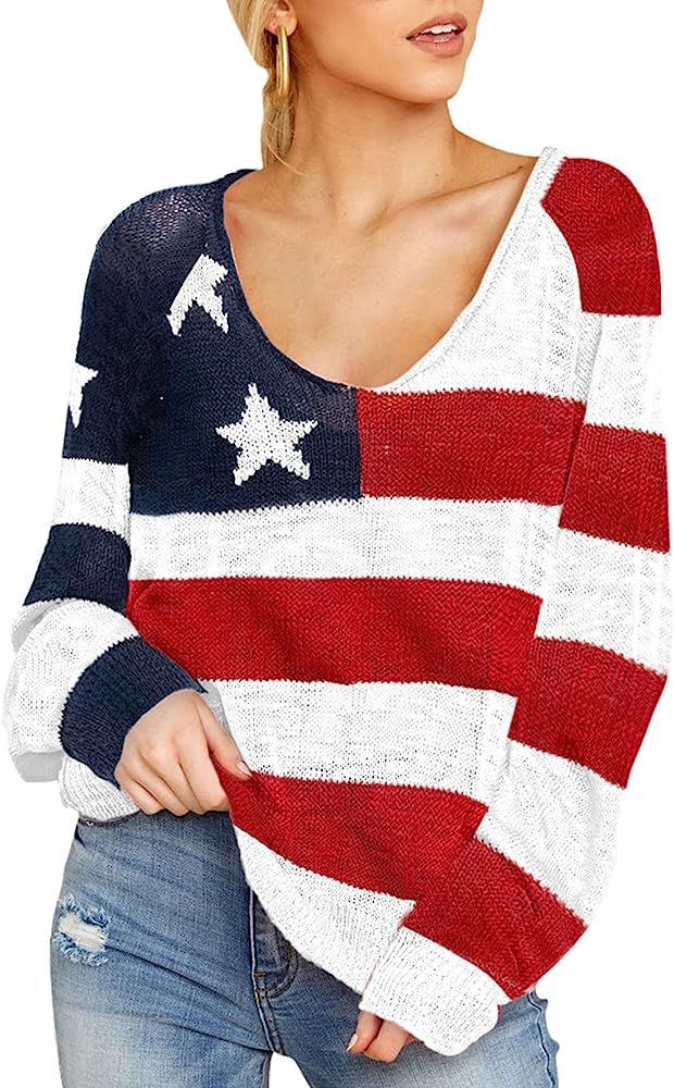 Selowin Women Casual Boat V Neck Long Sleeve Star Knit Top Pullover Thin Sweater | Amazon (US)