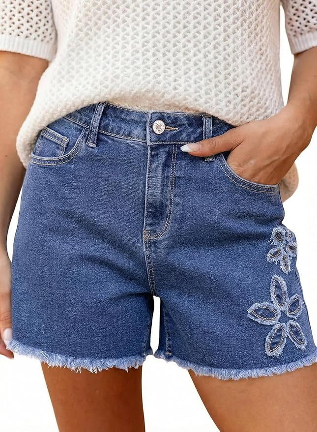 Womens Jean Shorts Floral Embroidered High Waisted Casual Stretchy Raw Edge Hemline Denim Shorts | Amazon (US)