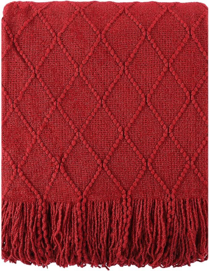 BATTILO HOME Christmas Decor Red Throw Blanket with Fringe Geometric Bed Burgundy Throws Winter D... | Amazon (US)
