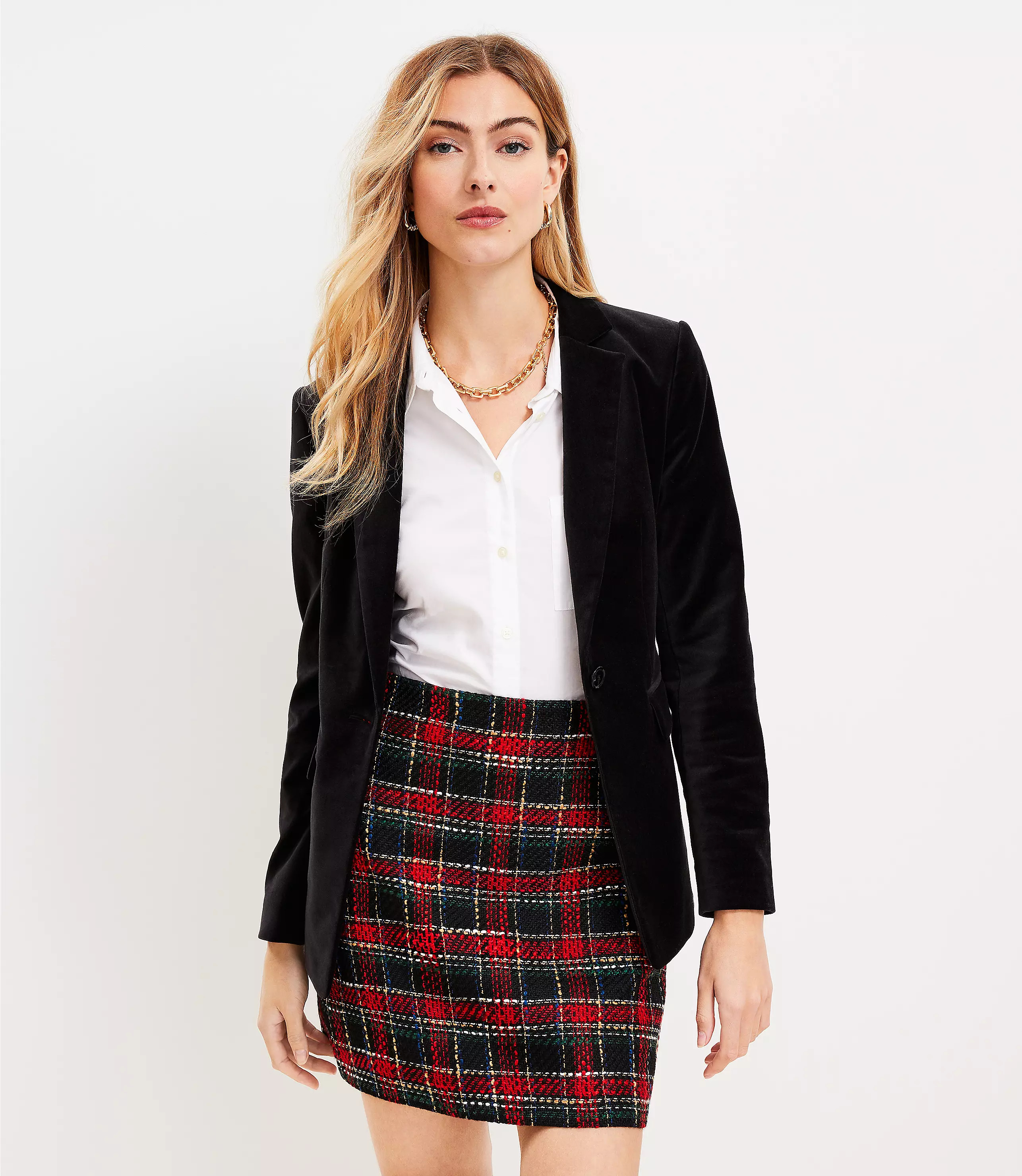 Petite Plaid Textured Tweed Shift Skirt | LOFT