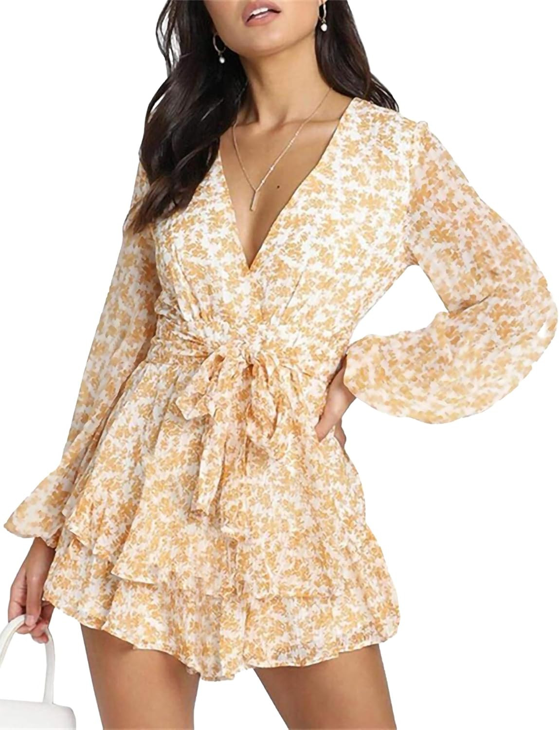 Women's Casual Floral Print Long Bubble Sleeves Polka Dot Romper Ruffle Hem Deep V-Neck Jumpsuit | Amazon (US)