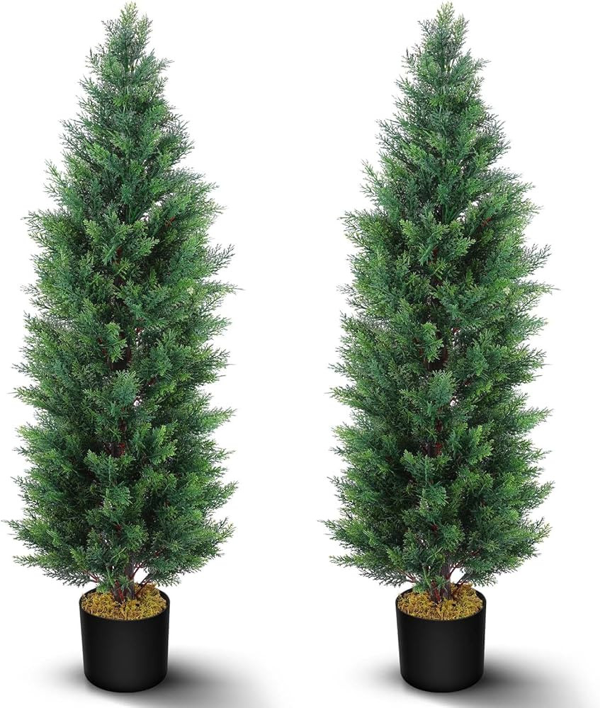 Hananona 2 Pcs 4 Ft Artificial Topiary Cedar Trees, Outdoor Faux Pine Shrubs, Realistic Fake Gree... | Amazon (US)