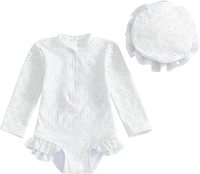 Yccutest Toddler Girl Solid Swimsuit Baby Long Sleeve Rash Guard Bathing Suit Girl One Piece Holl... | Amazon (US)