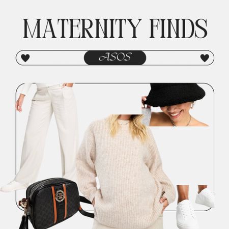 Monochrome winter maternity look in a cream sweater and maternity wide leg pants with a crossbody bag and bucket hat.

#LTKbump #LTKfindsunder100