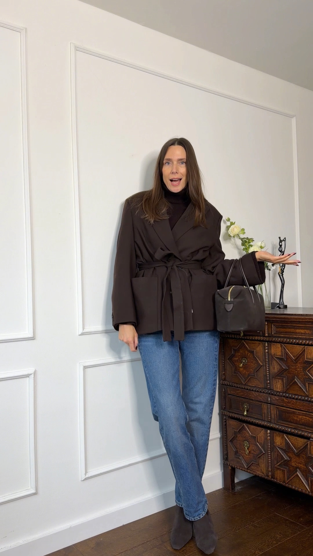 I wear a 28 in the jeans and a small in the jumper and in the jacket. The suede Demellier bag is the midi size. 

#LTKSeasonal #LTKOver40 #LTKootd
