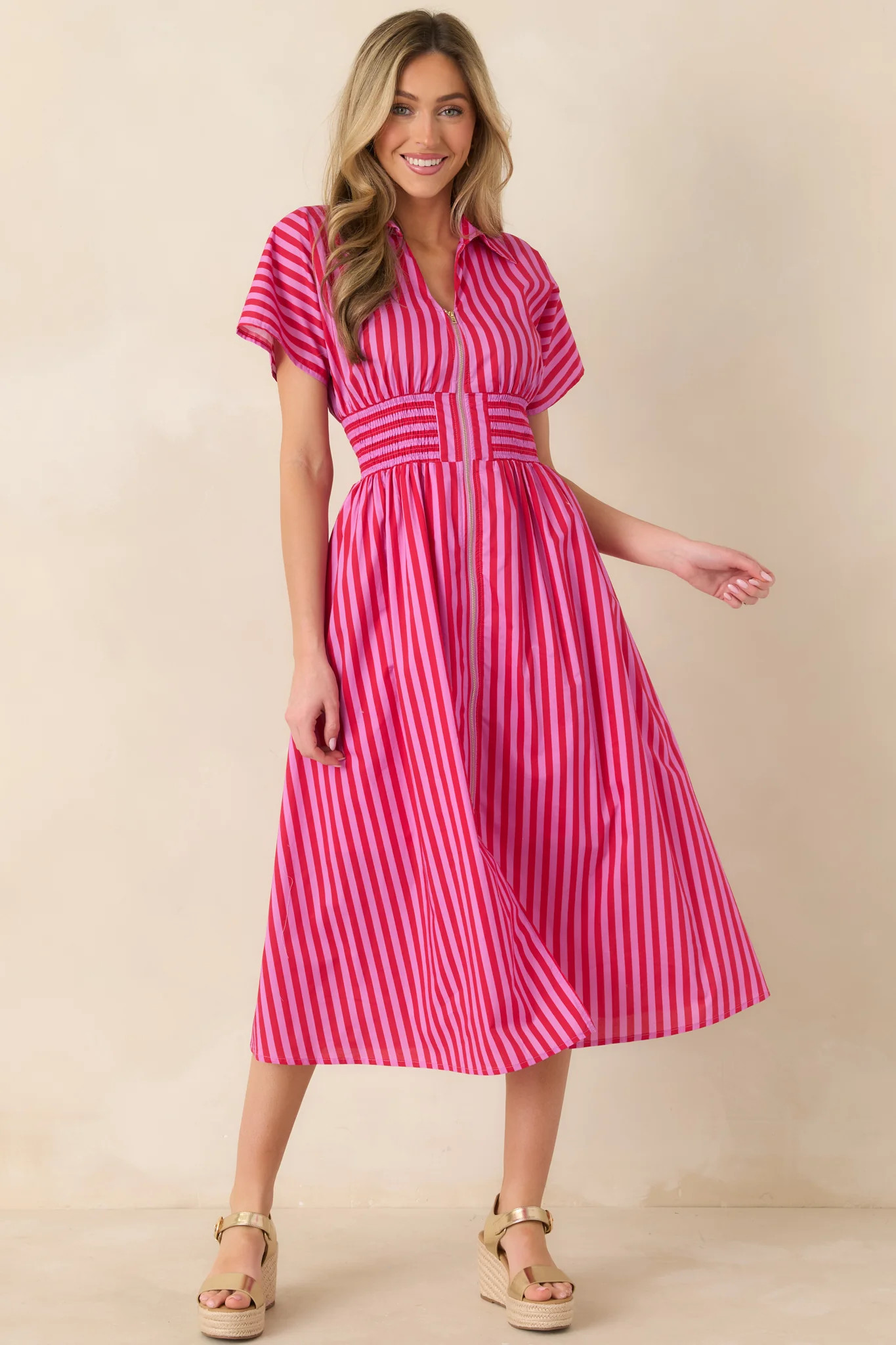 Put It in Motion Pink & Red Stripe Cotton Midi Dress | Red Dress