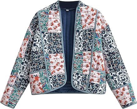 Omoone Women's Cropped Floral Quilted Jacket Cardigan Printed Lightweight Open Front Padded Puffe... | Amazon (US)