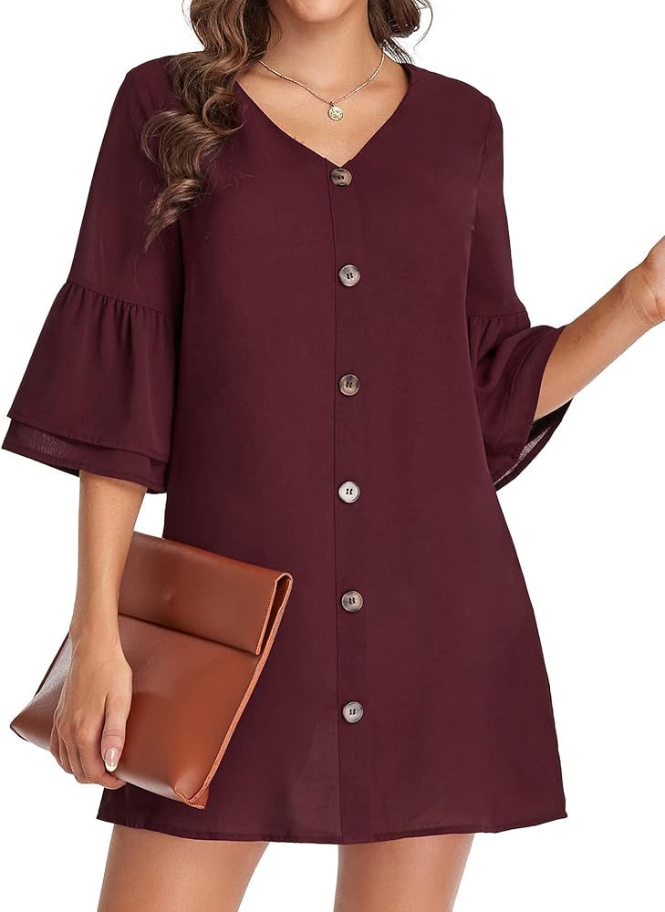 GOORY Women's Casual Button Down V Neck Mini Dress Loose Bell Sleeve Shift Dresses | Amazon (US)