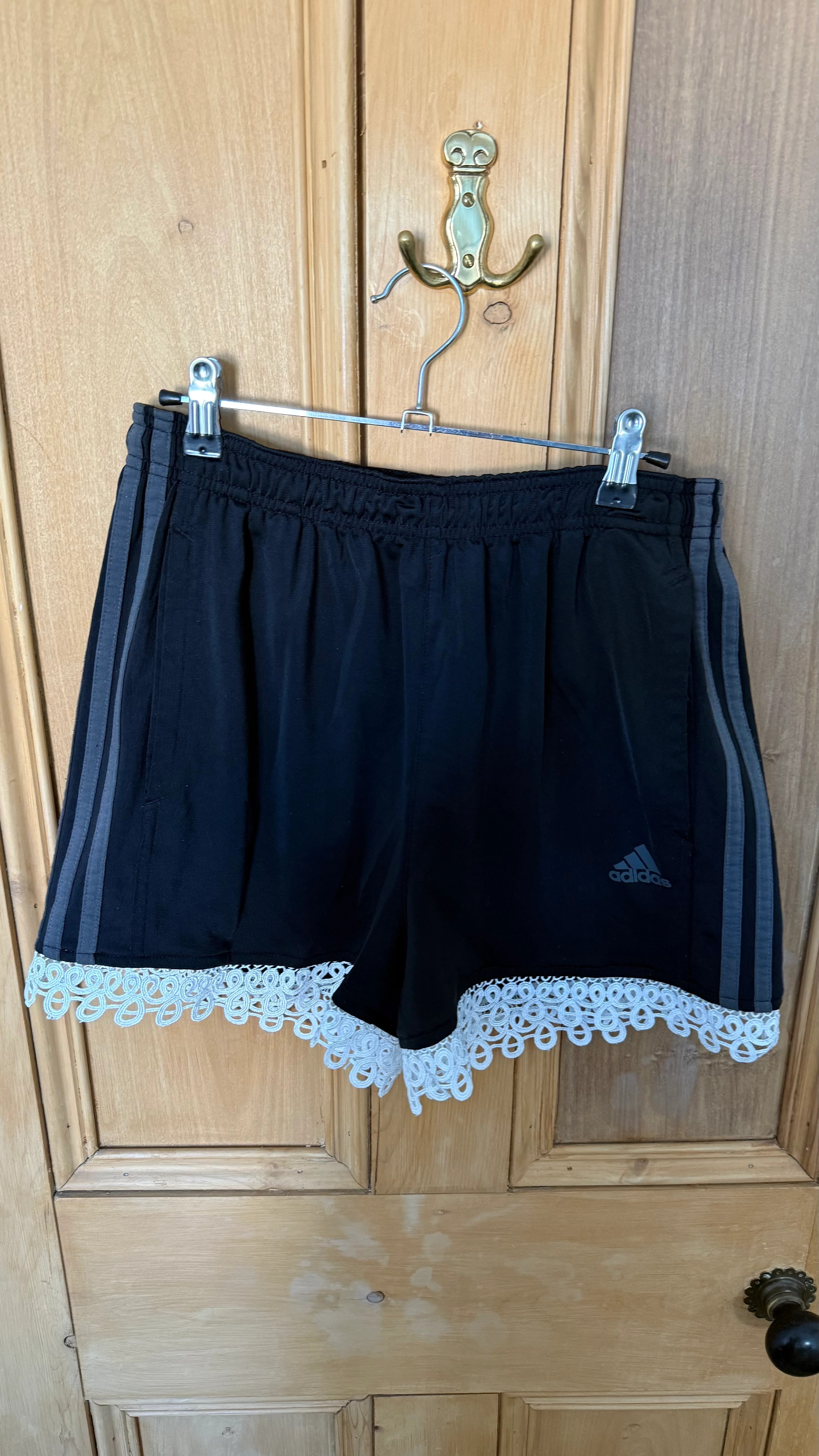 Reworked black and grey Adidas lace trim shorts | Second Stories