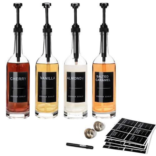 MSTCMZP 25.4 oz 750 ml Coffee Syrup Dispenser Set - 4 Black Dispensers With Pump & Labels - Glass Bottle Included - Coffee Bar Accessories | Amazon (US)