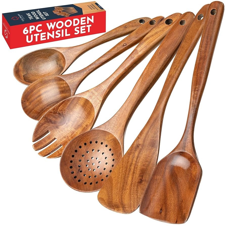Teak Wooden Utensil Set 6-Piece - Smooth Finish Wooden Spoons for Cooking - Comfortable Grip, Non... | Amazon (US)