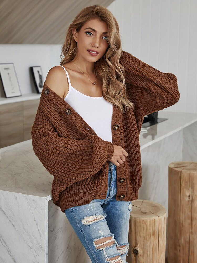Solid Rib-Knit Button Up Cardigan | SHEIN
