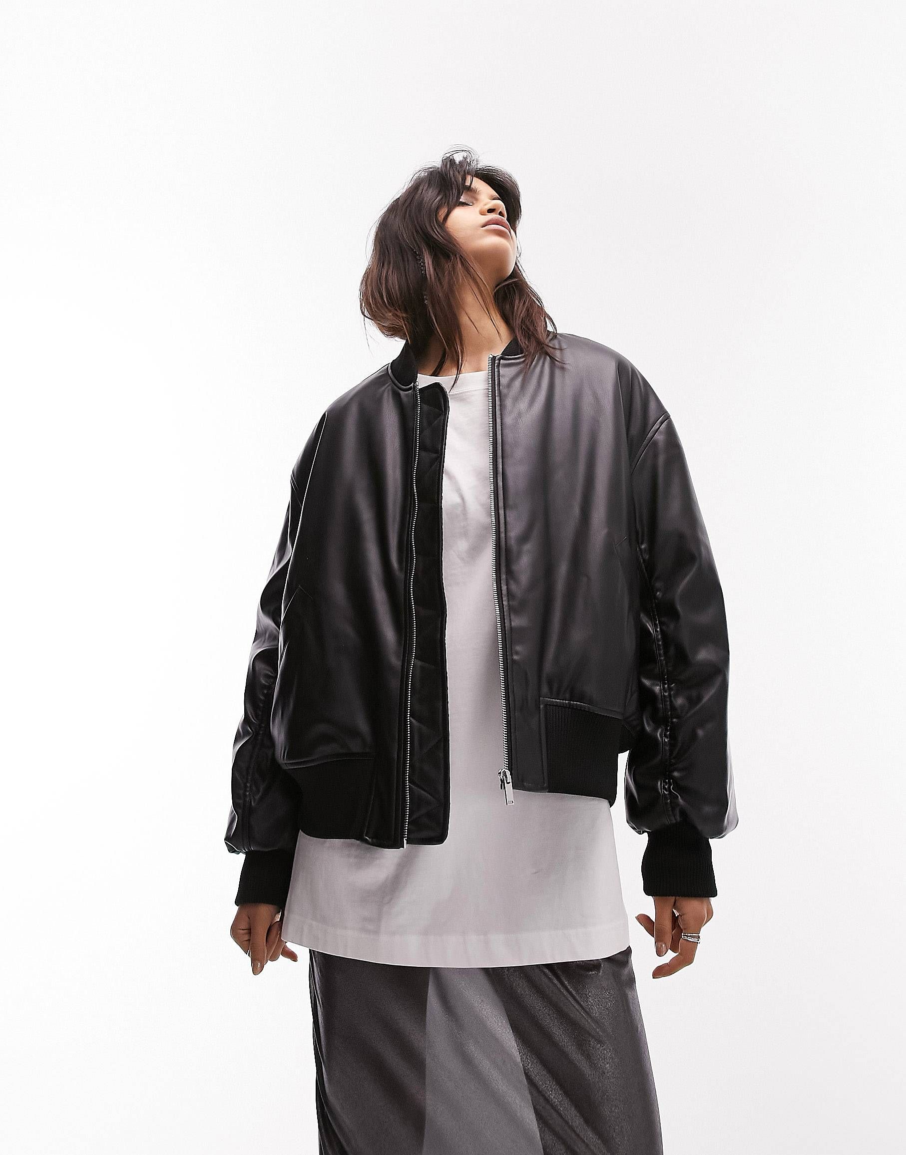 Topshop faux leather cropped bomber jacket in black | ASOS (Global)