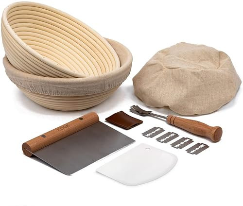 Kook Proofing Set, Sourdough Bread, 2 Rattan 9 Inch Banneton Baskets, 2 Basket Covers, Metal Scraper, Plastic Scraper, Scoring Lame, 5 Blades and Case, Baking Kit, Dough Bowls, Round Shape | Amazon (US)
