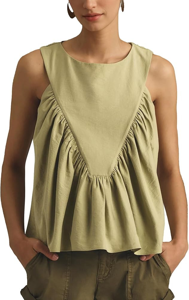 Hixiaohe Shirred Swing Tank Tops for Women Fashion Flowy Sleeveless Shirts Casual Crew Neck Blous... | Amazon (US)