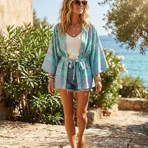 Boho Floral Kimono Cardigan in Beige – Lightweight Summer Robe with Wide Sleeves, Short Length ... | Etsy (US)