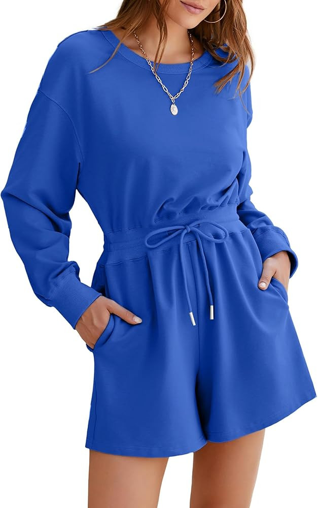 Glamaker Women's Long Sleeve Summer Romper Open Back Casual Loose Fit Crew Neck Drawstring Shorts... | Amazon (US)