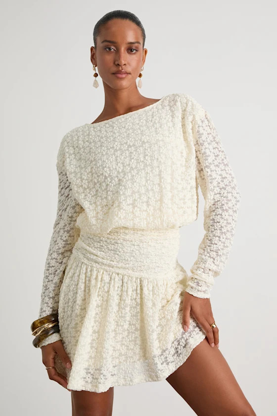 Zallie Ivory Textured Knit Ruched Long Sleeve Mini Dress | Lulus