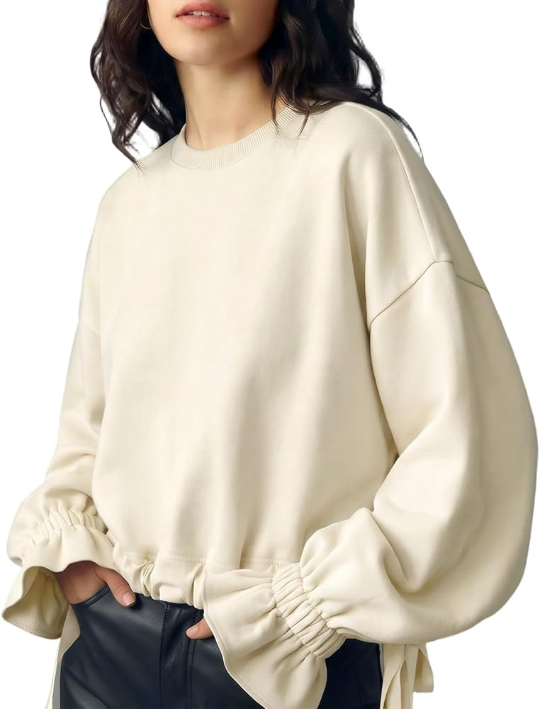 Wyeysyt Womens Oversized Crewneck Sweatshirt Ruched Fleece Pullover Tops | Amazon (US)
