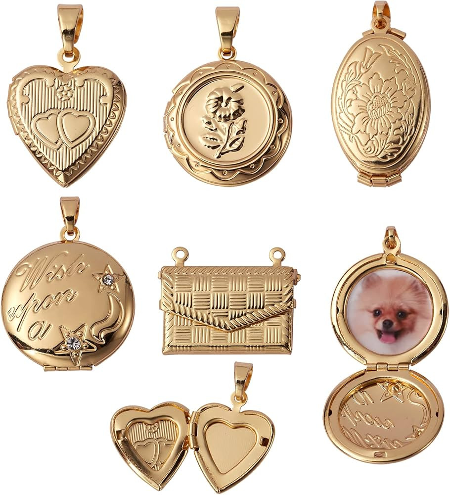 5 Pcs 5 Styles Brass Locket Pendants Photo Frame Charm for Necklace Heart Photo Frame Charm Penda... | Amazon (US)