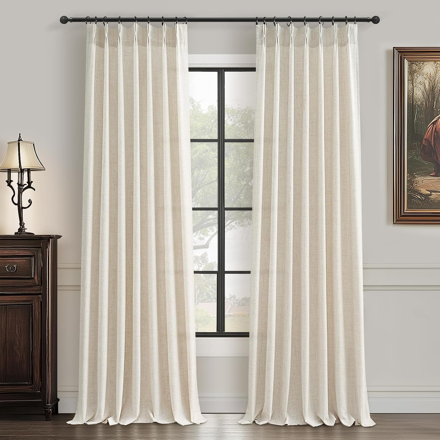 PleatedDrapes Semi Sheer Curtains 90 Inches Long for Bedroom Light Filtering Beige Birch Textured Linen Blend Pleat Curtains 7-1/2 ft Length Hooks Rings&Back Tab for Sliding Glass Doors 2 Panels Set | Amazon (US)