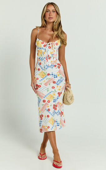 Mikayla Midi Dress - Linen Scoop Neck Ruched Bust Corset Waist Bias Skirt Dress in Pomodoro Parad... | Showpo (US, UK & Europe)