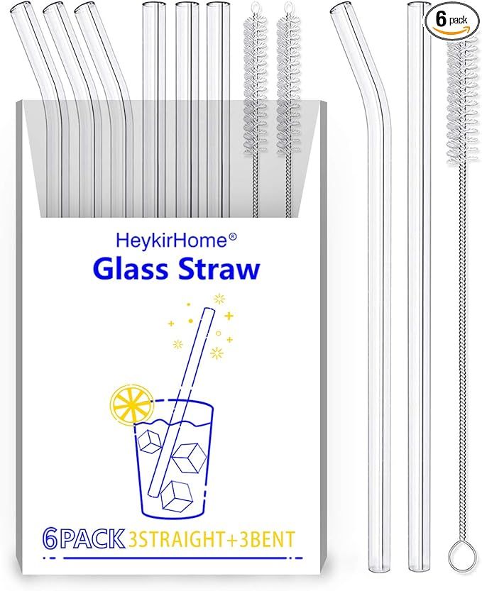 HeykirHome 6-Pack Reusable Glass Straw-Transparent,Size 8''x10 MM,Including 3 Straight and 3 Bent... | Amazon (US)
