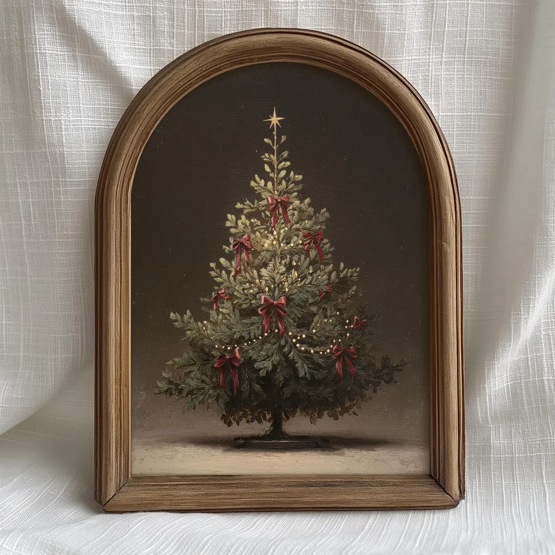 Red Bow Christmas Tree Print: Moody Vintage Style Art, Rustic Fir Tree, Dark Festive Holiday Deco... | Etsy (US)